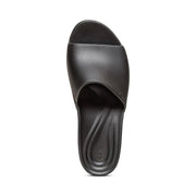 Top-down view of a black sandal against a white background. 