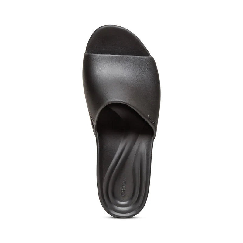 Top-down view of a black sandal against a white background. 