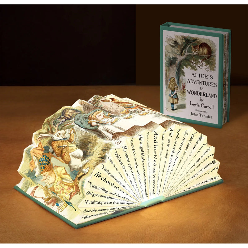 An open and closed version of the light book lamp of Alice's Adventures in the Wonderland book by Lewis Carroll on a wooden surface against a dark background.