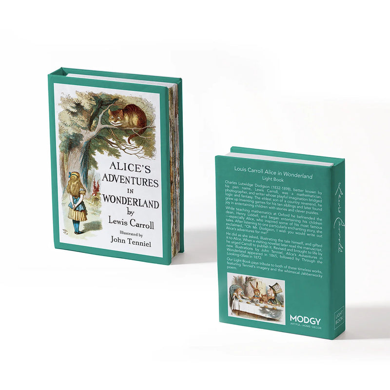 A hardcover light box edition of Lewis Carroll's Alice's Adventures in Wonderland, shown from the front and back against a clean white background. The box features a distinctive teal-green cover with vintage illustrations of Alice and the Cheshire Cat, and the back displays text.