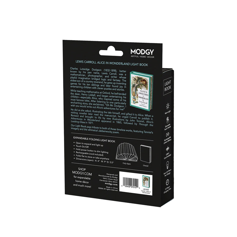 The back of a black retail box for the Modgy Lewis Carroll Alice in Wonderland Light Book, showing product description text, a small cover preview, and a barcode on a white background.