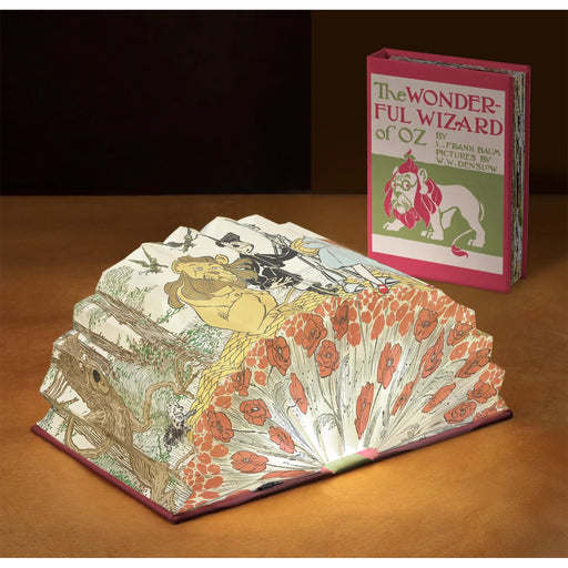 A book-shaped lamp or lighted book display featuring illustrated pages from The Wonderful Wizard of Oz, with the closed book standing behind it on a warm brown surface against a dark background.