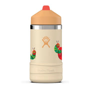 Tan Hydro Flask cup with a cartoonish caterpillar and fruit design against a white background. 