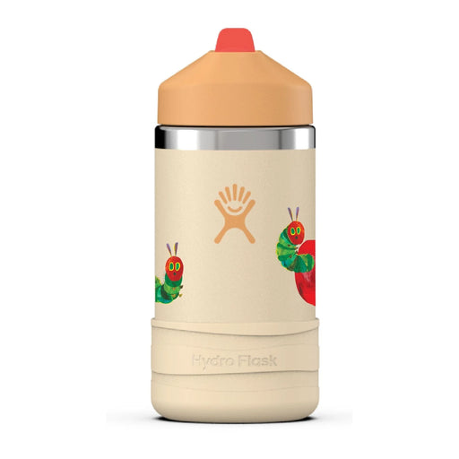Tan Hydro Flask cup with a cartoonish caterpillar and fruit design against a white background. 