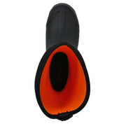 Black rubber boot with orange interior on a white background