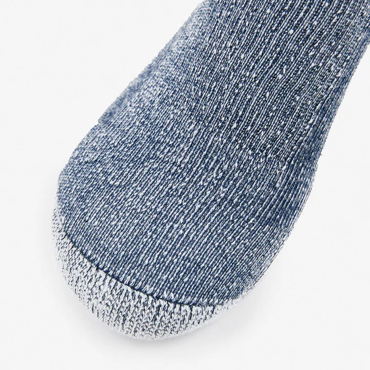 Close-up of a blue sock with a textured pattern on a light gray background
