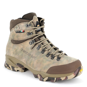 Camouflage hiking boot with brown accents on a white background