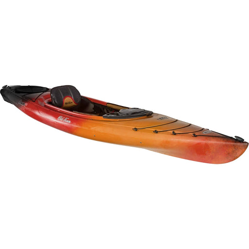 A red and orange kayak on a white background