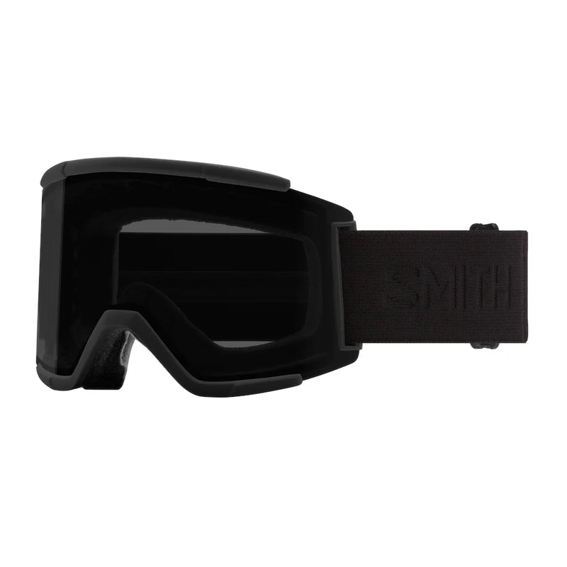 Black goggles with a visible brand logo on a white background