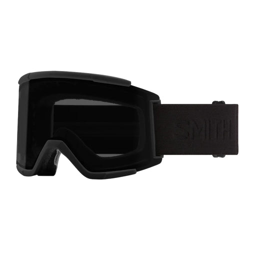Black goggles with a visible brand logo on a white background