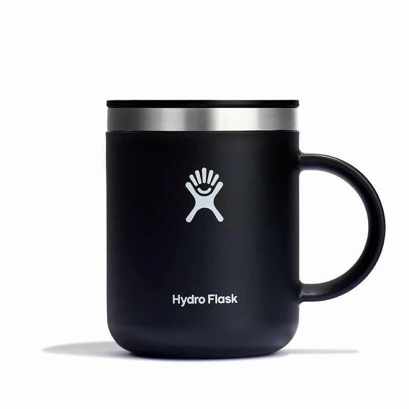 Black Hydro Flask 12oz mug with white logo on a white background