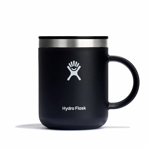 Black Hydro Flask 12oz mug with white logo on a white background