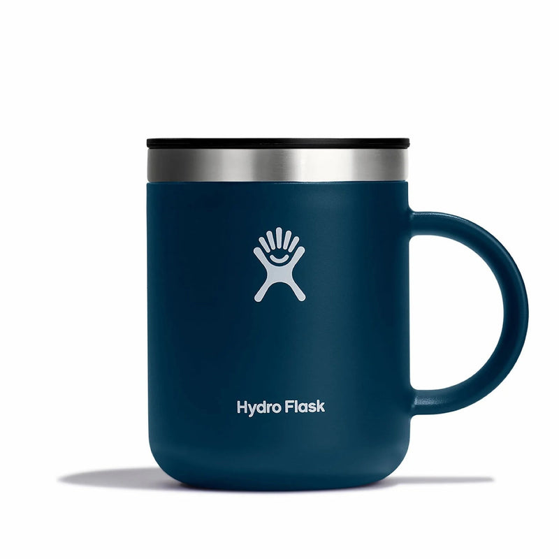 Dark blue Hydroflask mug with lid on a white background.