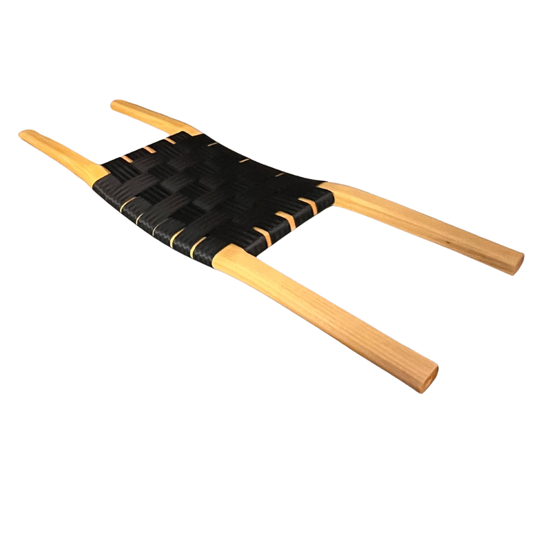 Tan canoe seat made out of ash wood with black webbing in the center against a white background. 
