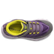 Purple and gray athletic shoe with yellow accents on a white background