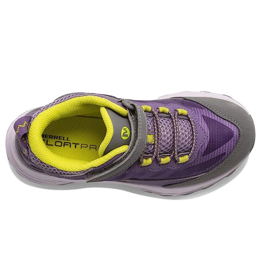 Purple and gray athletic shoe with yellow accents on a white background