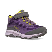 Purple and gray hiking shoe with yellow accents on a white background