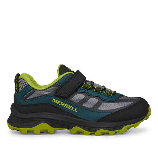 Merrell hiking shoe with green and black design on a white background