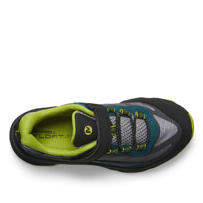 Child's athletic shoe with green and black design on a white background