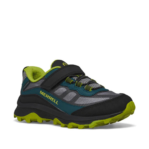 Merrell hiking shoe with black, gray, and green color scheme on a white background