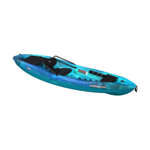 Blue kayak with seat installed against a white background. 