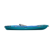 Side view of a blue kayak against a white background. 