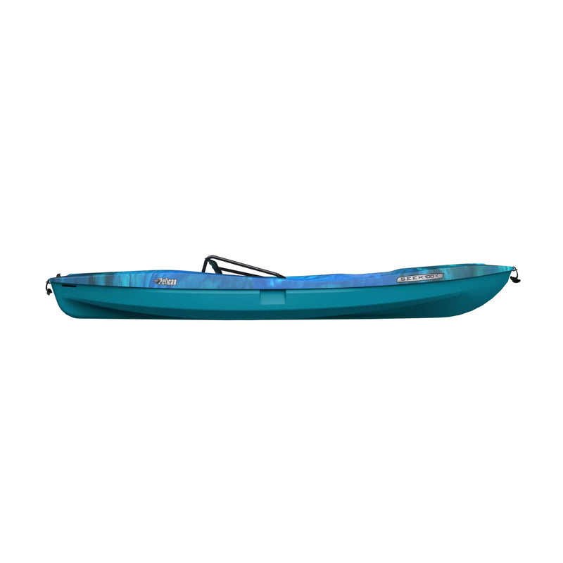 Side view of a blue kayak against a white background. 