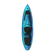 Top view of a blue kayak against a white background.