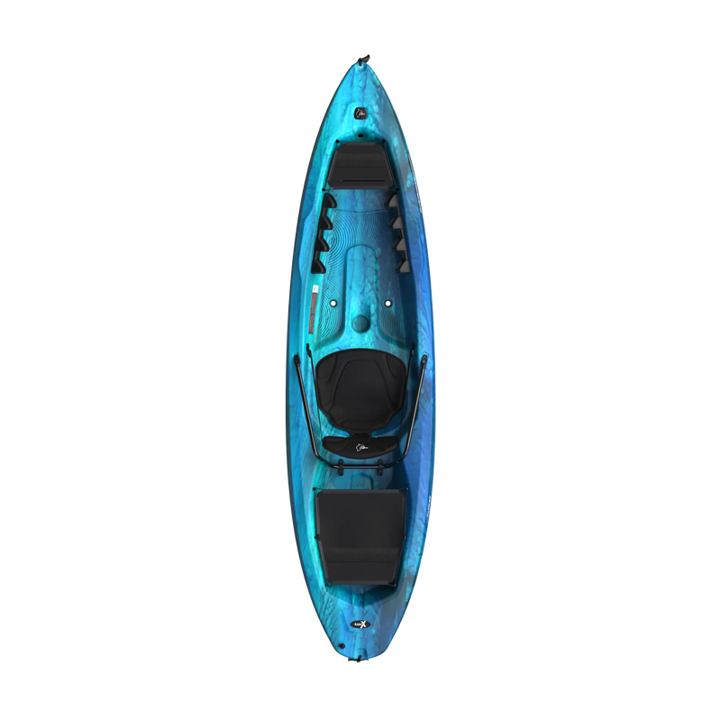 Top view of a blue kayak against a white background.