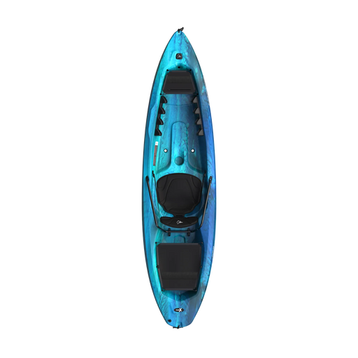 Top view of a blue kayak against a white background.
