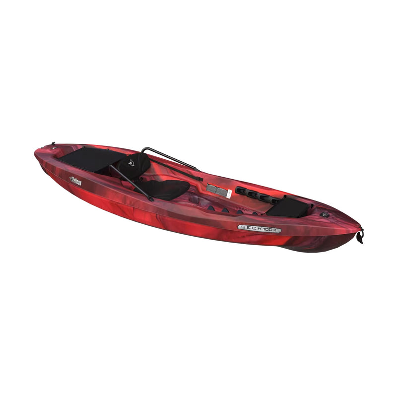 Dark red kayak with seating against a white background.