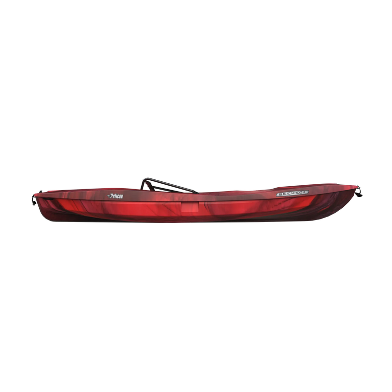 Side view of a dark red kayak against a white background. 