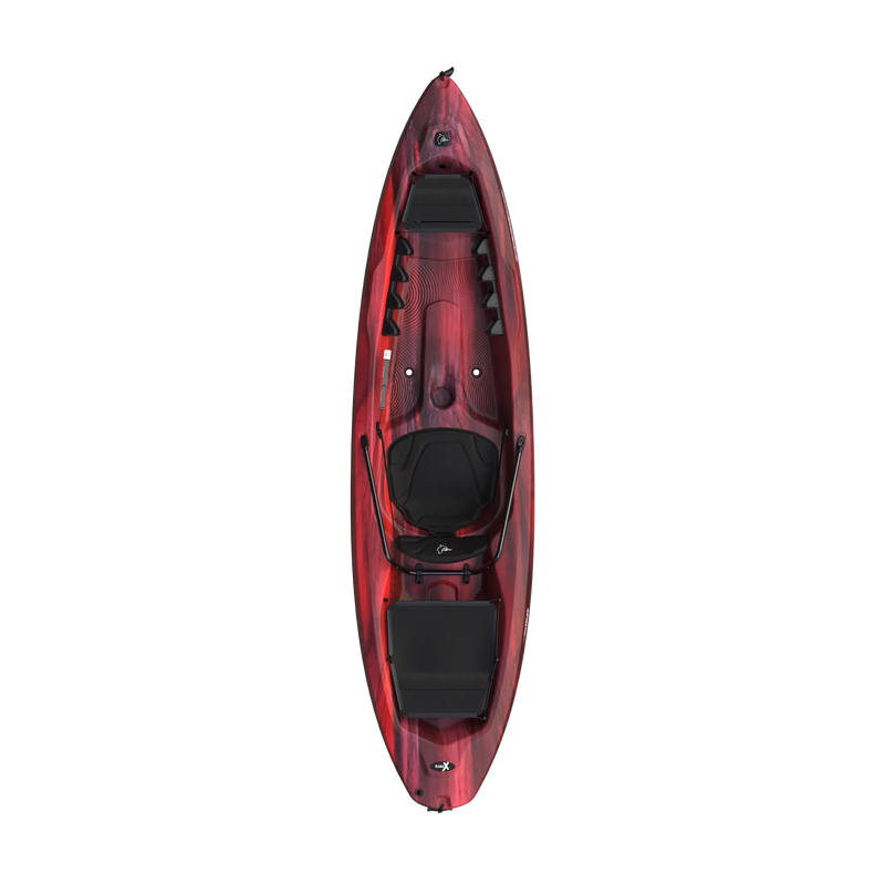 top view of a dark red colored kayak against a white background.