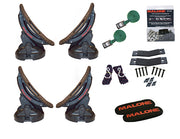 Side view of multiple kayak carriers as well as tie downs, and hardware. 