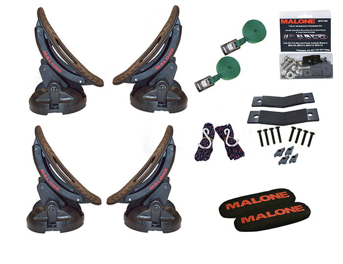 Side view of multiple kayak carriers as well as tie downs, and hardware. 