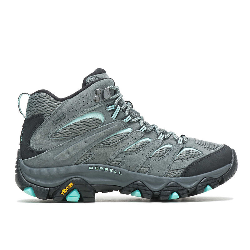 Side facing gray boot with black and blue accents on the sole against a white background. 