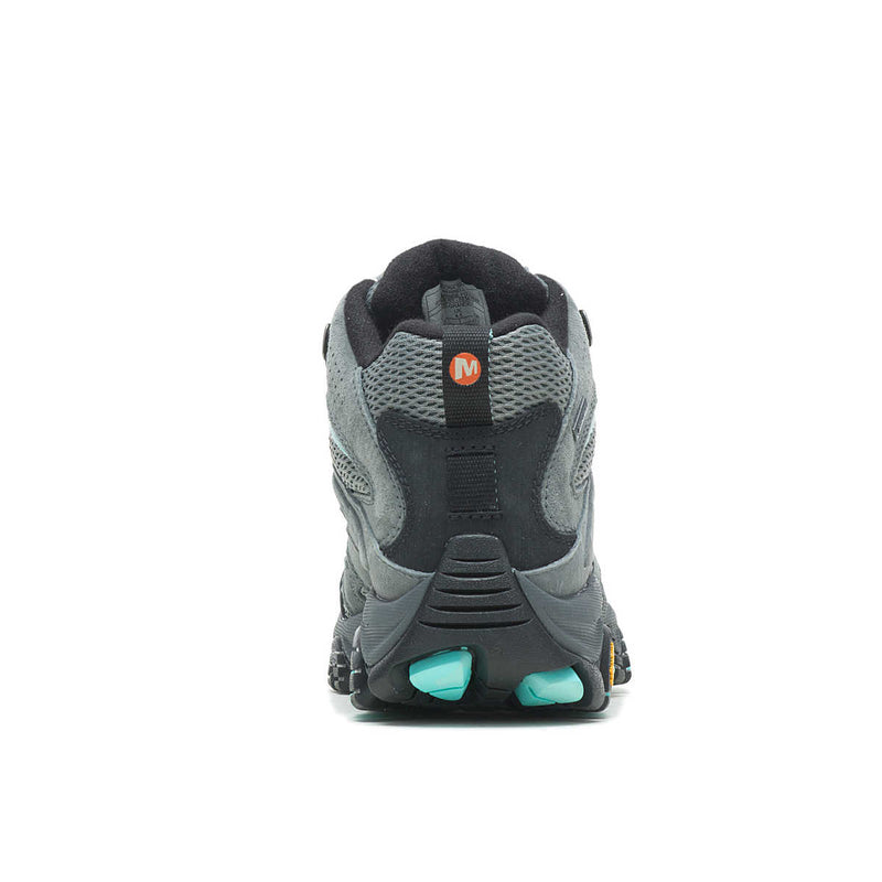 Back facing photo of a gray and black boot with a Merrell logo on the back against a white background. 