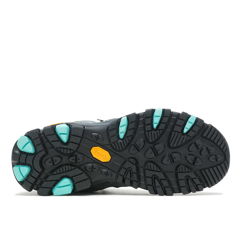 Bottom sole of a gray hiking boot with black and blue on the bottom against a white background. 