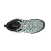 Top-down angle of a gray hiking boot with a Merrell logo just barely visible inside the boot against a white background.