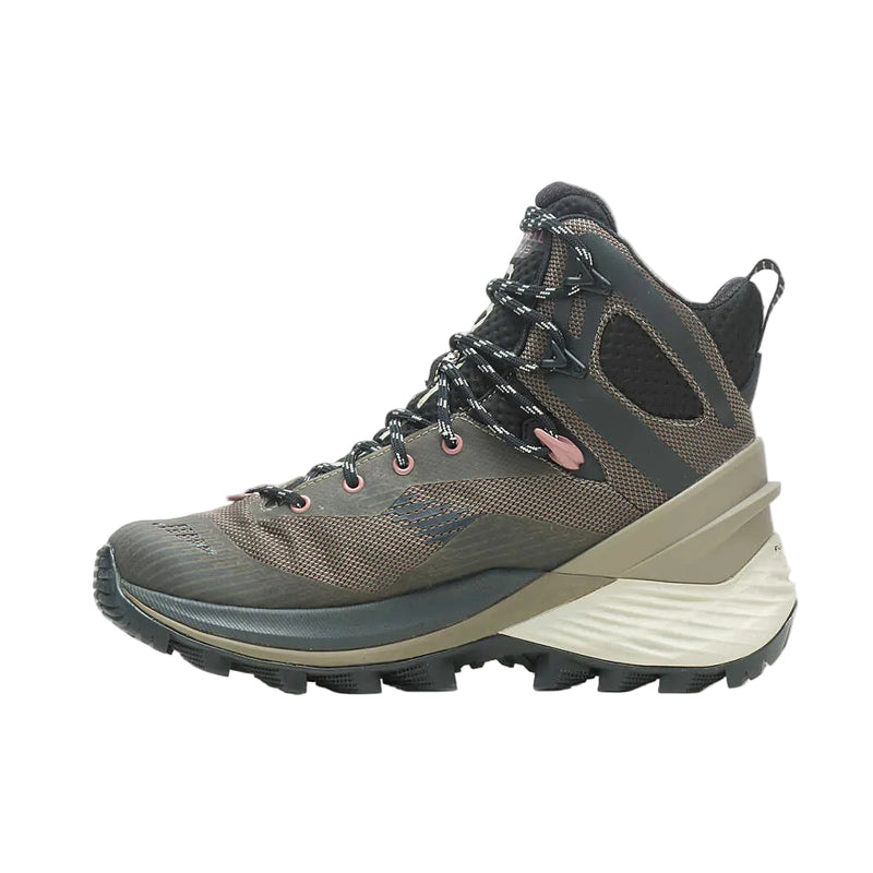 Gray hiking boot with a white sole on a light gray background