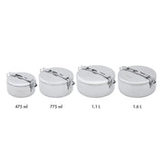 Set of four metal containers with lids in various capacities on a white background