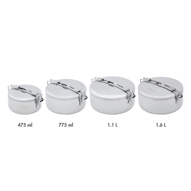 Set of four metal containers with lids in various capacities on a white background