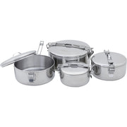 A set of four stainless steel pots in different sizes, including lids and metal handles, arranged on a plain white background.