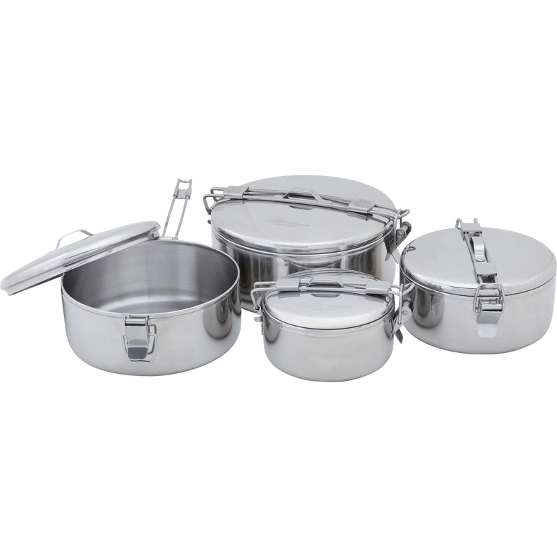 A set of four stainless steel pots in different sizes, including lids and metal handles, arranged on a plain white background.