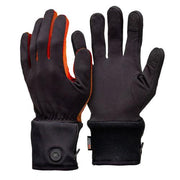 Pair of black and orange gloves against a white background. 