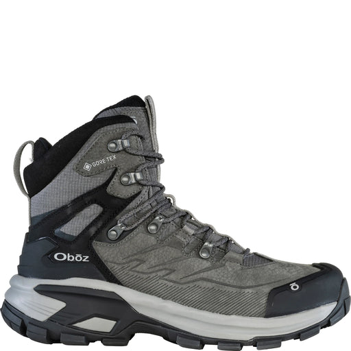 A gray hiking boot with black details on a white background