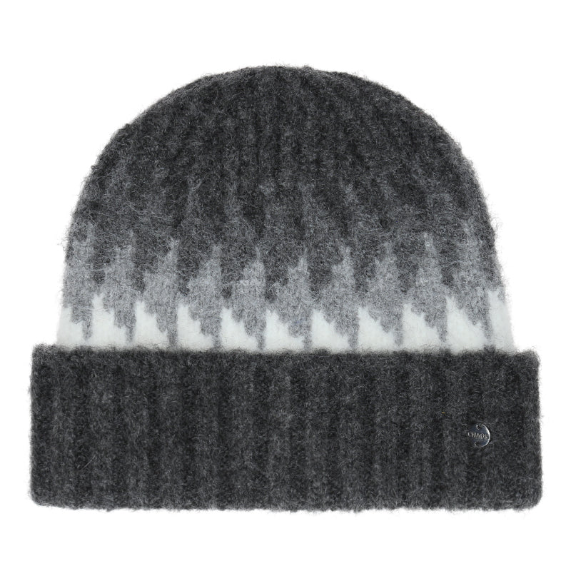 Black beanie with white accents against a white background. 
