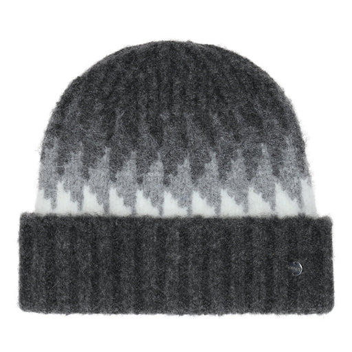 Black beanie with white accents against a white background. 