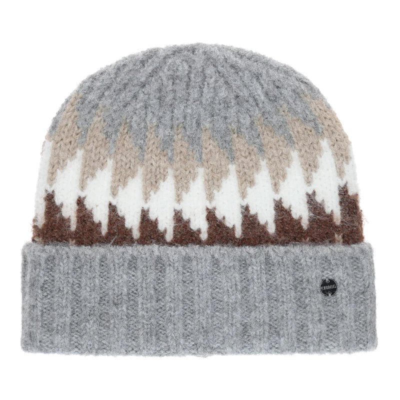 Gray beanie with white and brown accents against a white background.