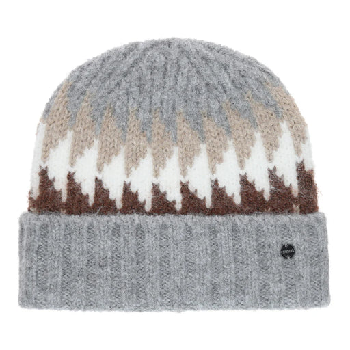 Gray beanie with white and brown accents against a white background.